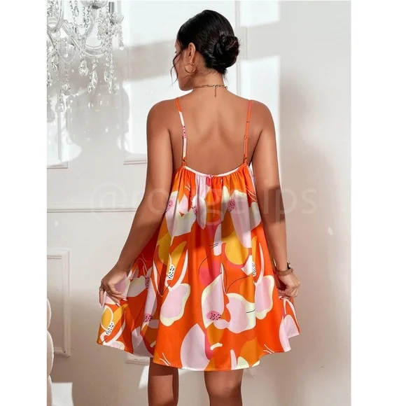 Orange Floral Flared Dress Mini Short A-Line Neck Ties - Picture 4 of 9